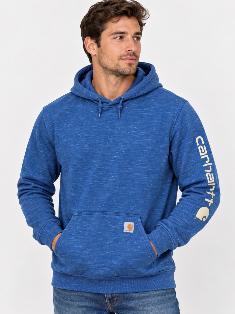 Carhartt Men's Blue Heathered Loose Fit Logo Sleeve Hoodie Size Large